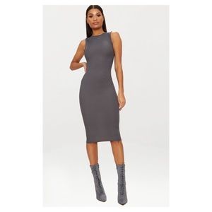 Charcoal Grey Ribbed Neck Midi Dress.